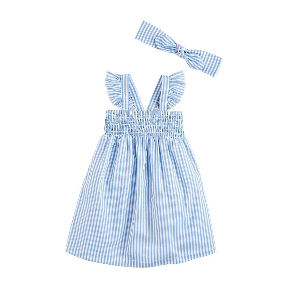 Mud Pie Blue &‎ White Striped Smocked Sundress with Headband